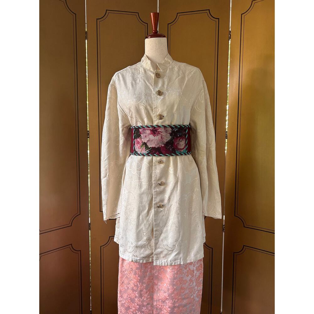 Large statement belt with floral print and lace up corset detail